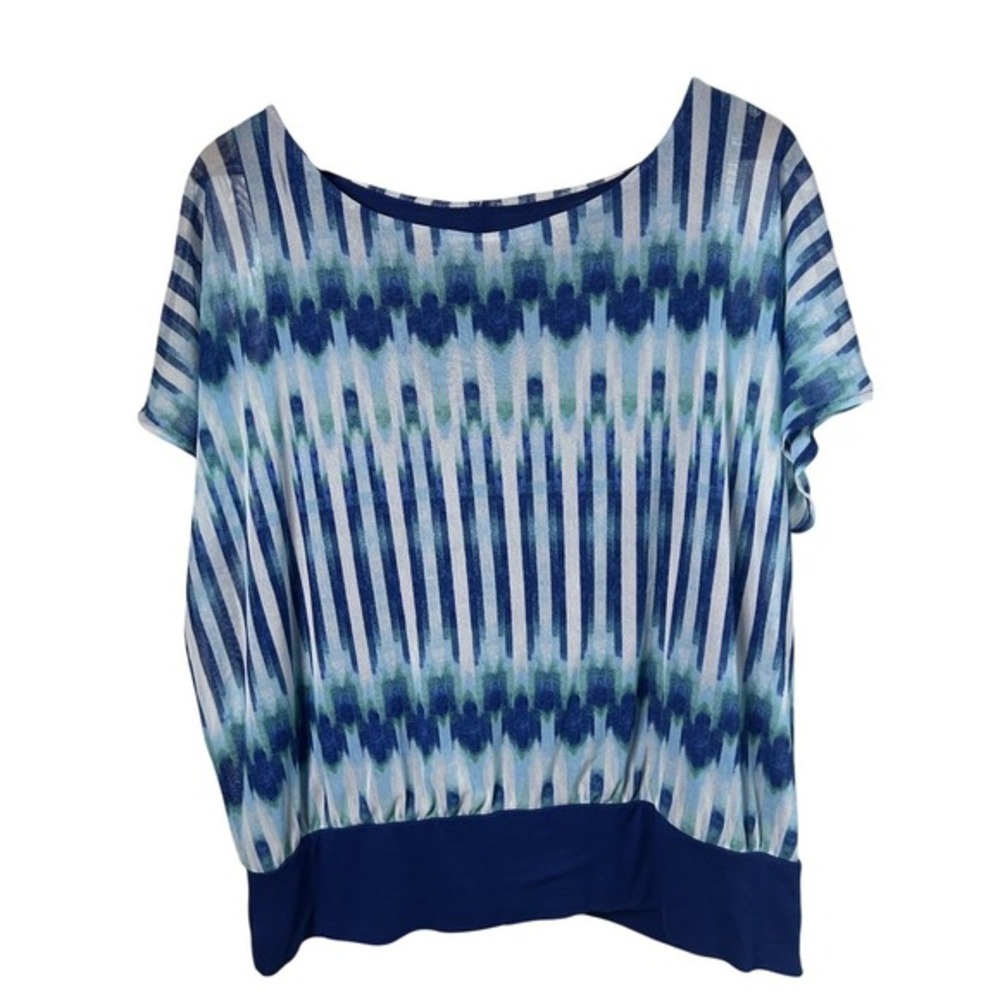 Chico's Women 2 Blue Watercolor Tie-Dye Knit Lined Banded Hem Shirt Vacation